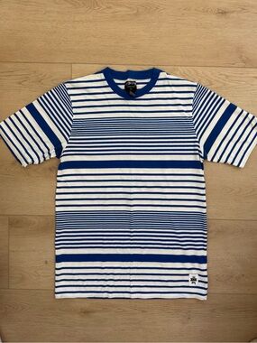 Stussy Blue & White Horizontal Stripe Short Sleeve Crewneck Streetwear T-Shirt S